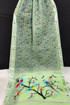 Kota Doria Paithani Embroidery Designer Saree Pale Medium Green Colour with running blouse-Indiehaat