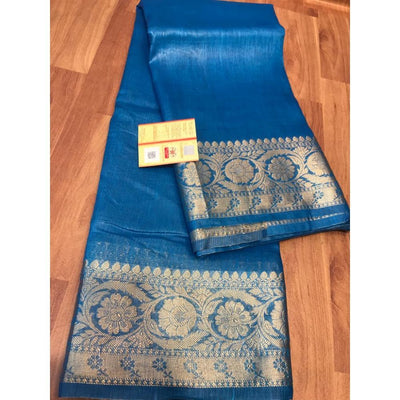 Silk Linen Banarasi Brocade Handloom Sapphire Blue Saree with Blouse-Indiehaat