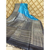 Silkmark Certified Tussar Silk Handloom Handblock Printed Blue Saree with Blouse-Indiehaat