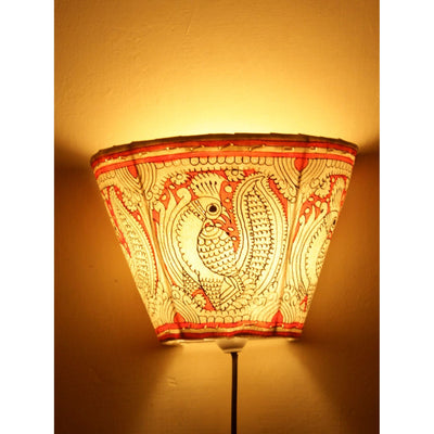 Indiehaat | Peacock Kalamkari Handpainted Wall Mount Leather Lamp | 5.5 Inch