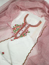 Kota Doria Embroidery White Suit Material with Leheriya Red Dupatta and Chikenkari Bottom-Indiehaat