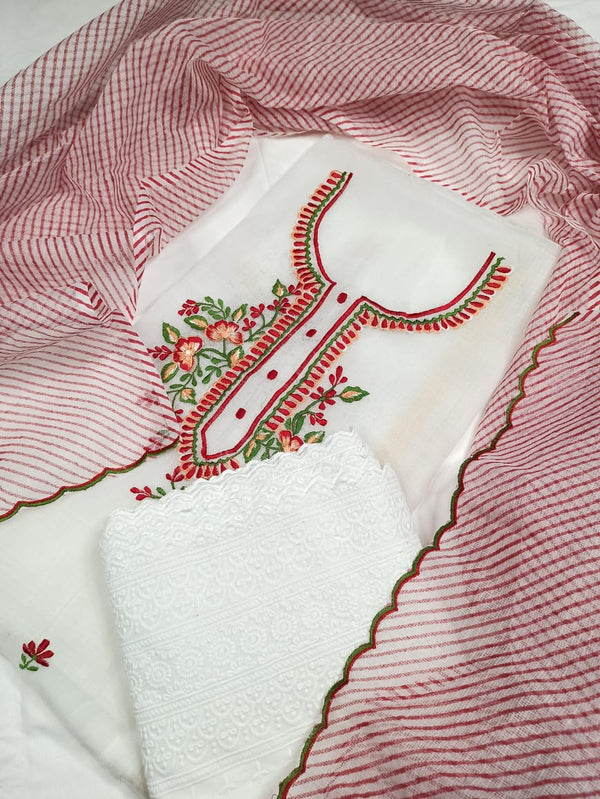 Kota Doria Embroidery White Suit Material with Leheriya Red Dupatta and Chikenkari Bottom-Indiehaat