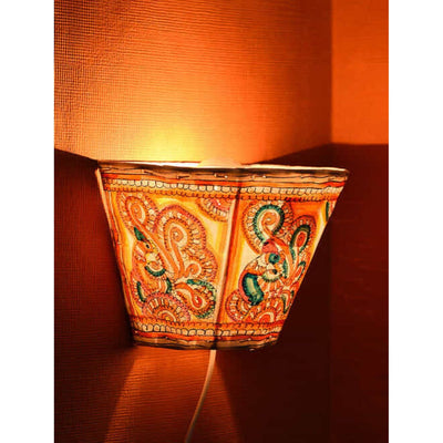 Indiehaat | Peacock Kalamkari Handpainted Wall Mount Leather Lamp | 5.5 Inch