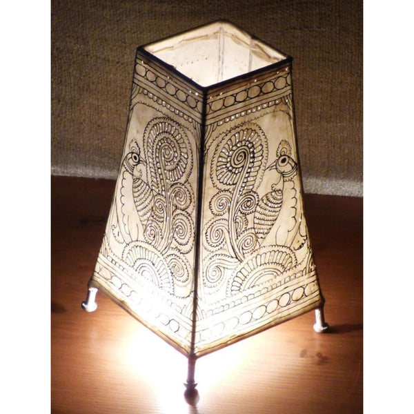 Indiehaat | Peacock Kalamkari Handpainted Standing Square Leather Lamp | 9 Inch