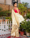 Kanjivaram Silk Saree Beige Color with running blouse - IndieHaat