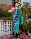 Kashmiri Modal Silk Saree Cyan Blue Color with Navy Blue Pallu and blouse - IndieHaat