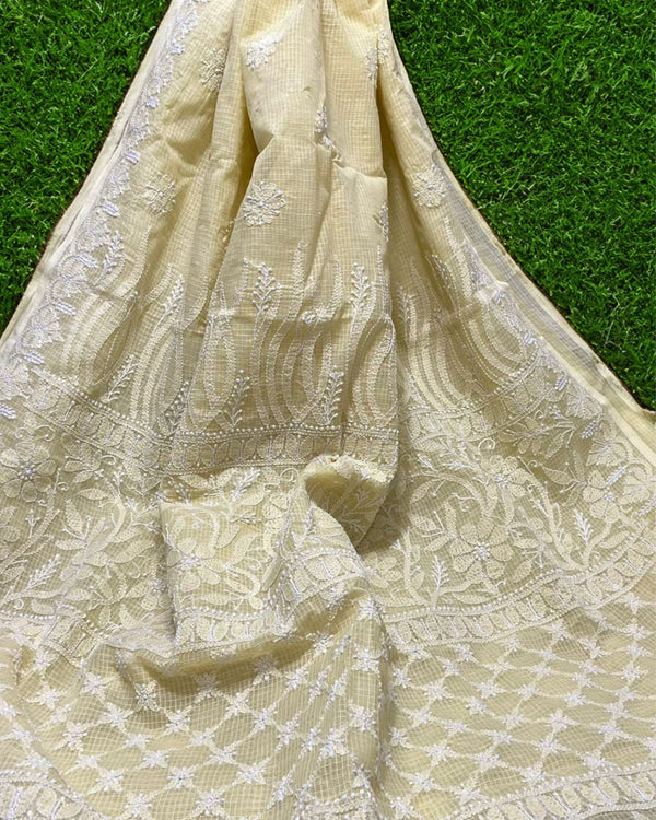 Kota Doria Saree Pale Yellow Color Chikankari work without blouse - IndieHaat