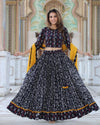 Handblock Printed Cotton Lehanga And Top With Mulmul Dupatta (Size 34-46) Black Color-Indiehaat