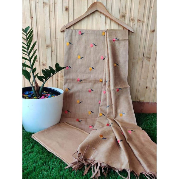 Khadi Cotton Digital Embroidered Biege color Suit Piece with Bottom and Dupatta-Indiehaat