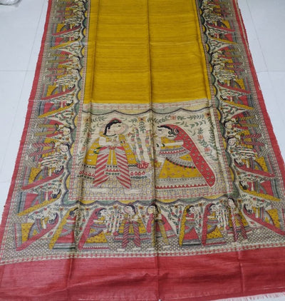 Silkmark Certified Tussar Silk Handloom Handblock Printed Mustard Yellow Saree with Blouse-Indiehaat