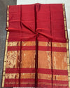 Maheshwari Handloom Silk Saree Bright Red Color Zari Line Zari Pallu with running blouse - IndieHaat