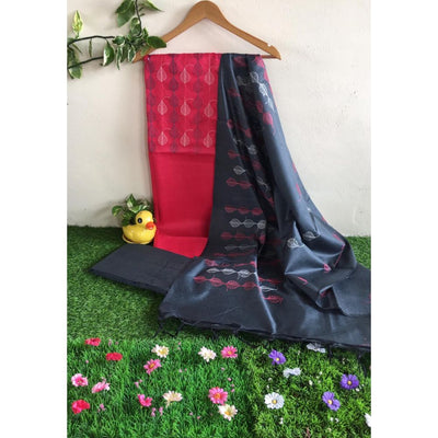 Katan Silk Pink Suit Piece with Blue Bottom and Dupatta Embroidered-Indiehaat