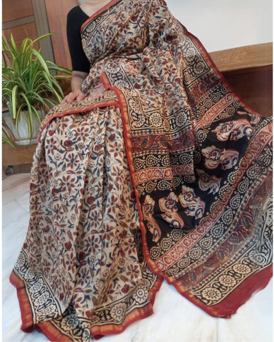 Chanderi Silk Saree Pale Peach Color Kalamkari Print with running blouse - IndieHaat