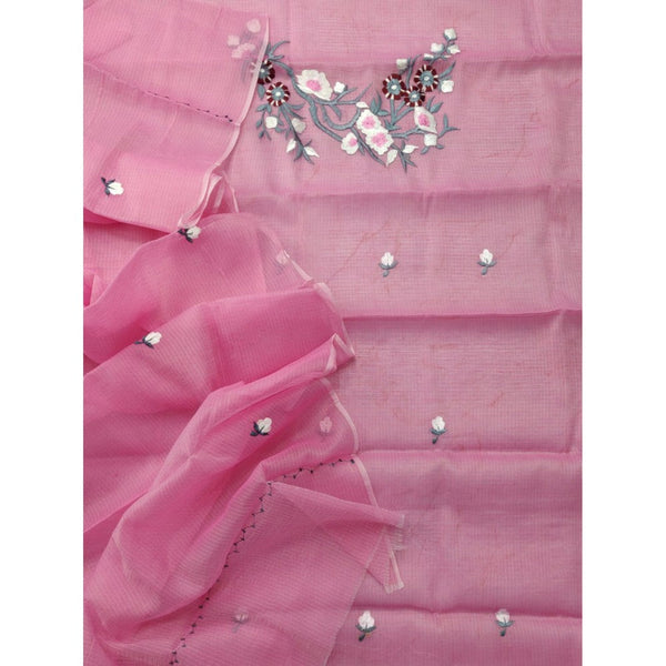 Kota Doria Pink Suit Material 2 Piece Embroidered (Only Top and Dupatta)-Indiehaat