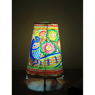 Indiehaat | Peacock Kalamkari Handpainted Standing Round Leather Lamp | 9 Inch