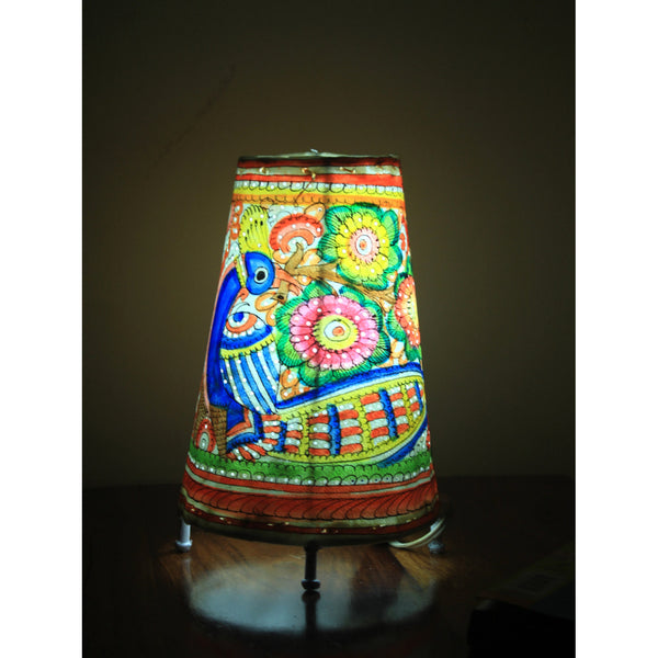 Indiehaat | Peacock Kalamkari Handpainted Standing Round Leather Lamp | 9 Inch