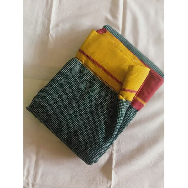 Patteda Anchu Handloom Mark Certified Pure Cotton Green Saree with Running Blouse-Indiehaat
