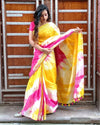 Cotton Linen Saree Yellow & Pink Color Shibori Hand Dyed with running blouse - IndieHaat