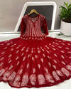 Georgette Anarkali Gown (56 kali) Maroon Color Chikankari work with inner - IndieHaat