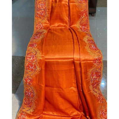 Silkmark Certifiied Pure Tussar Hand Cutwork Saree Orange Colour(Tussar by Tussar Fabric)-Indiehaat