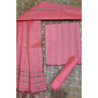 Katan Silk Peach color Suit Piece with Bottom and Dupatta Handcrafted-Indiehaat