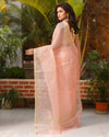 Pure Silk Kota Doria Saree Peach Color allover Hand Pitta work with running blouse - IndieHaat