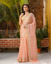 Pure Silk Kota Doria Saree Peach Color allover Hand Pitta work with running blouse - IndieHaat