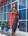 Pure Cotton Kota Doria Suits (Top+Bottom+Dupatta) Gray Color Stitch embroidery with Hand Bandhej work Dupatta - Indiehaat