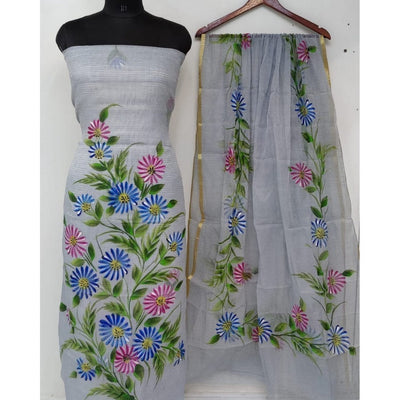 Kota Doria Purple Suit 2 Piece Handpainted (Only Top and Dupatta)-Indiehaat