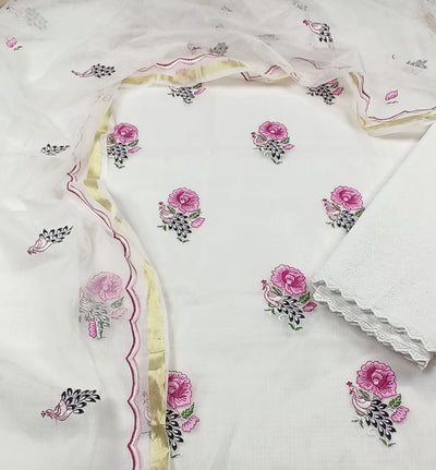 Kota Doria Embroidery White Suit Material with Matching Dupatta and Chikenkari Bottom-Indiehaat