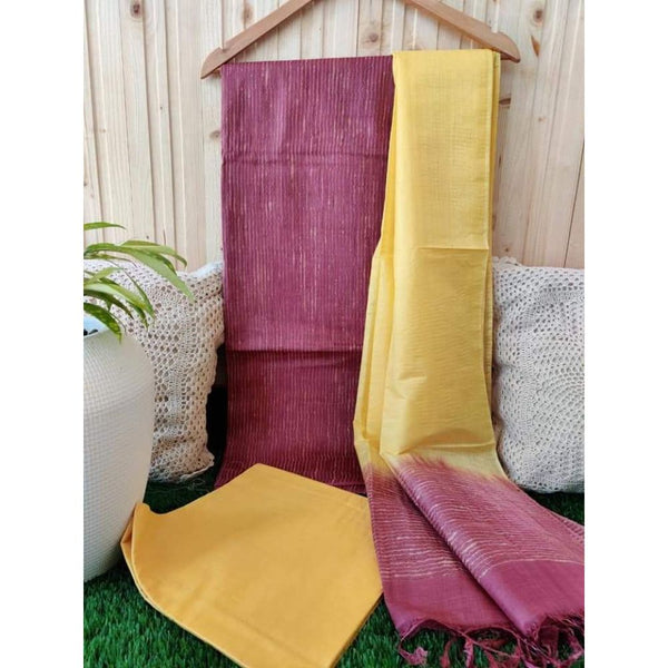 Katan Purple and Yellow Silk Suit Piece with Bottom and Dupatta-Indiehaat