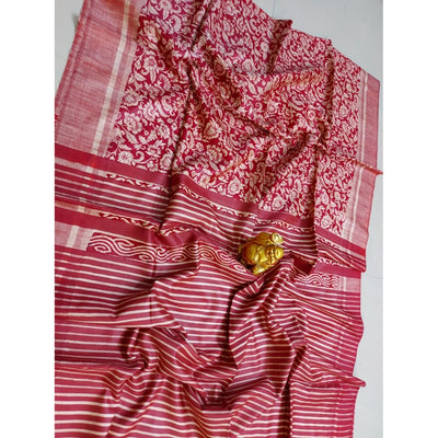 Silkmark Certified Tussar Silk Handloom Handblock Printed Red Saree with Blouse-Indiehaat