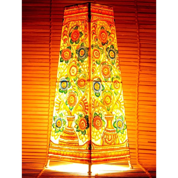 Indiehaat | Flower Kalamkari Handpainted Standing Square Leather Lamp | 17 Inch