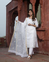 Kota Doria Suit (Top+Bottom+Dupatta) White Color Stitch embroidery - IndieHaat