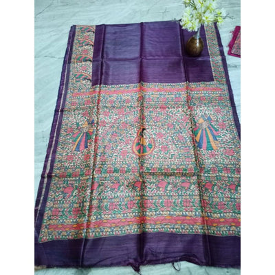 Silkmark Certified Tussar Silk Madhubani HANDPAINTED Voilet Saree with Blouse-Indiehaat