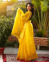 Pure Silk Kota Doria Saree Banana Yellow Color allover Hand Pitta work with running blouse - IndieHaat