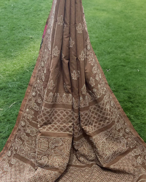 Kota Doria Saree Dark Brown Color Chikankari work without blouse - IndieHaat