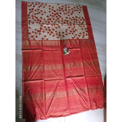 Silkmark Certifiied Tussar Silk Handloom Handblock Printed RedSaree with Blouse-Indiehaat