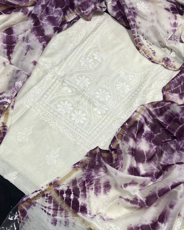 Pure Chanderi Silk Kurti White Color with heavy Chikankari work Dupatta - IndieHaat