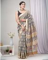 Indiehaat| Linen Saree beige Handblock Printed With running blouse Dabu Bagru Ajrakh