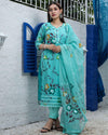 Kota Doria Suit (Top+Bottom+Dupatta) Aqua Blue Color Hand Painting with Stitch embroidery work - IndieHaat