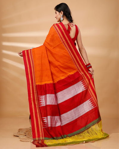 ILKAL Handloom Cotton Silk Saree Gajari Color with running blouse - IndieHaat