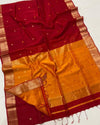 Maheshwari Handloom Handwoven Saree Dark Red Color Double Design Zari Border with flower buti pallu and contrast blouse - IndieHaat