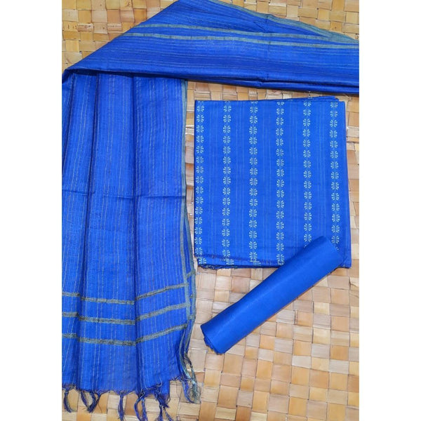 Katan Silk Blue Suit Piece with Bottom and Dupatta Handcrafted-Indiehaat