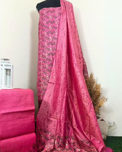 Khadi Silk Printed Suit Rose Pink (Top+Bottom) with Bandhini Dupatta