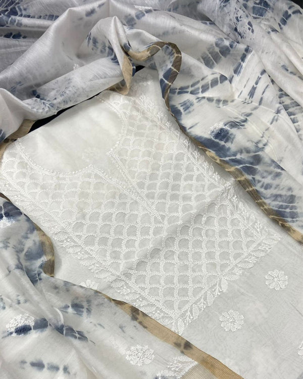 Pure Chanderi Silk Kurti White Color with heavy Chikankari work Dupatta - IndieHaat