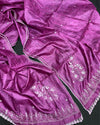 Pure Tussar Silk Dupatta Magenta Pink Color Chikankari and Crochet work - IndieHaat