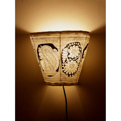 Indiehaat | Peacock Kalamkari Handpainted Wall Mount Leather Lamp | 8.5 Inch