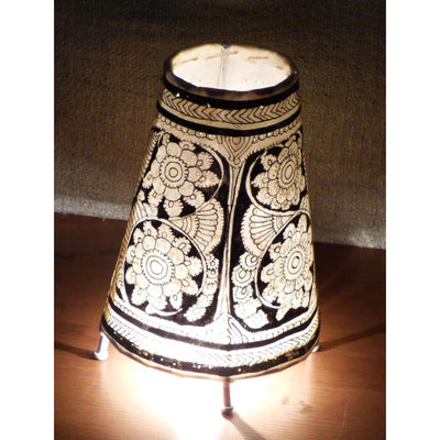 Indiehaat | Flower Kalamkari Handpainted Standing Round Leather Lamp | 9 Inch