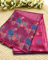 Silkmark Certified Pure Tussar Silk Saree Berry Pink Color Hand Embroidery with Hand Cutwork and running blouse - IndieHaat